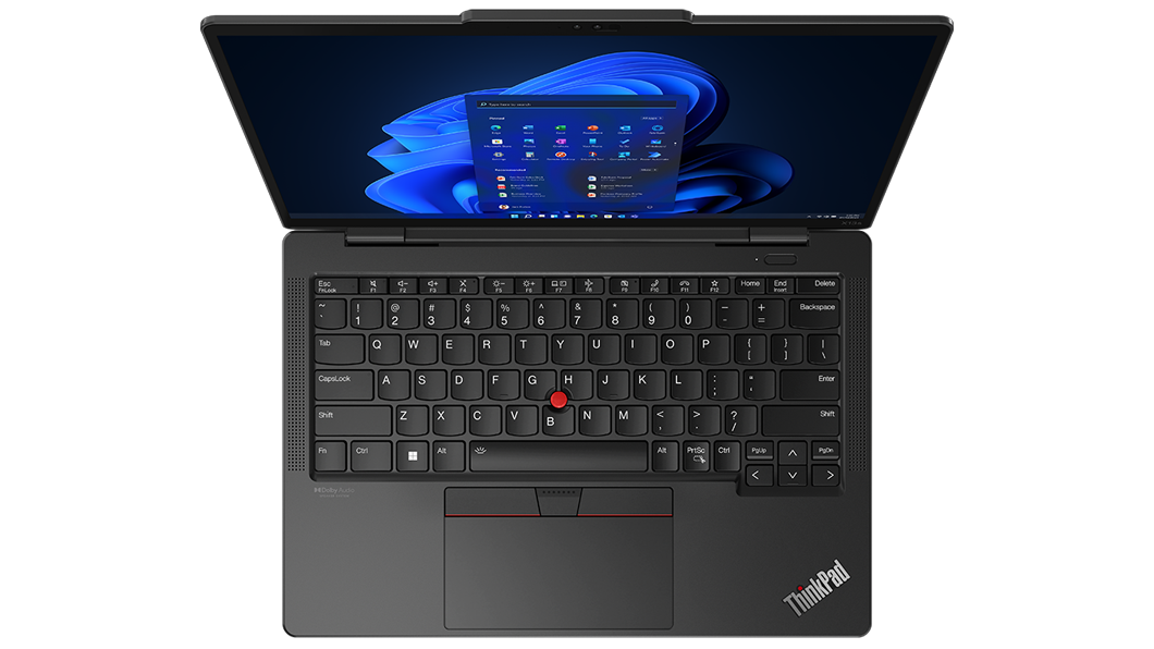 Overhead shot of Lenovo ThinkPad X13s laptop with focus on the keyboard and optimized touchpad. 