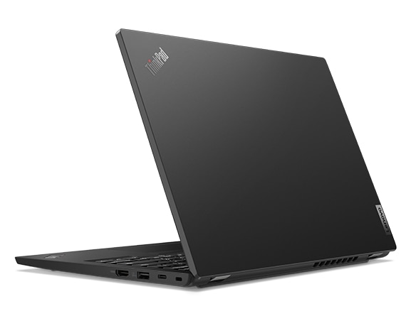 Rear view of the facing Lenovo Thinkpad L13 Gen4 with cover open, showcasing the Thunder Black cover.