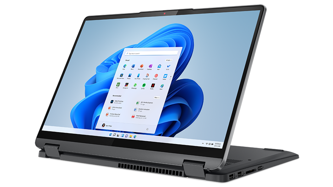 Imagen de semiperfil derecho de la portátil IdeaPad Flex 5i 7ma Gen (14″, Intel) en modo atril (stand), en color storm grey (gris tormenta)