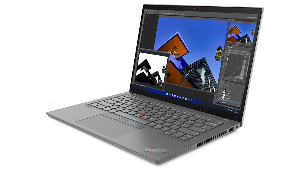 Åpnet ThinkPad T14 Gen 3 (14 AMD) sett fra høyre forfra og med skjerm og tastatur synlig