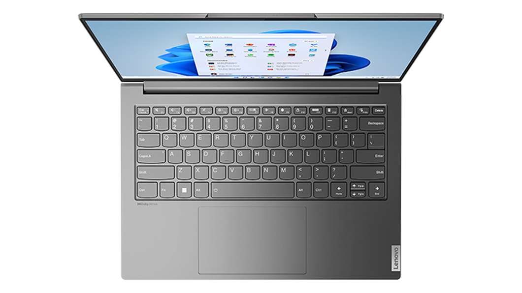 Yoga Slim 7 Pro Gen 7 (14″ AMD) Notebook, Ansicht von oben, geöffnet, mit Blick auf einen Teil des Displays mit Windows 11 und die gesamte Tastatur.