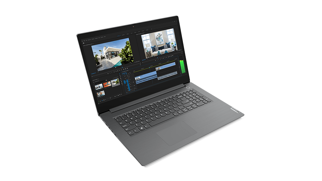 Lenovo V17 Notebook, um 90 Grad geöffnet, Ansicht von Display und Tastatur.