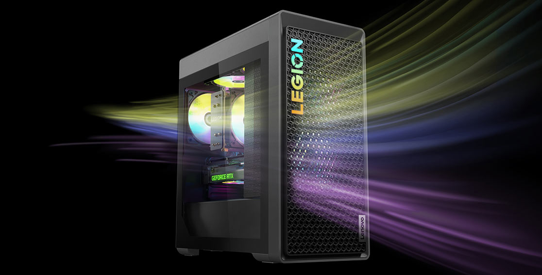 Photo illustration showing the advanced air cooling on the Legion Tower 5i Gen 8 (Intel), with vents on the back, front, and top to keep cool under pressure.