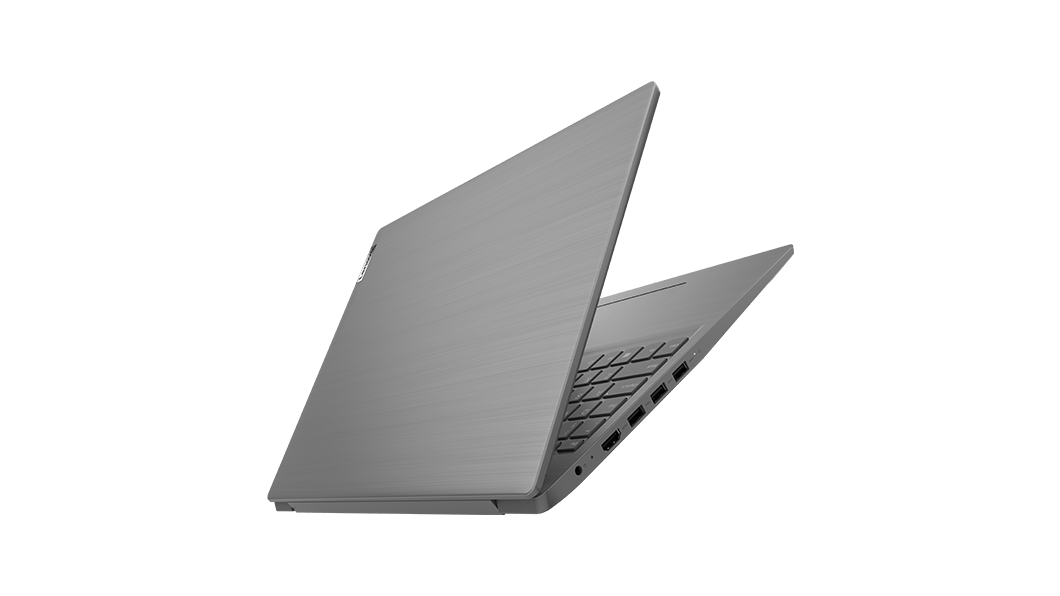 Lenovo V15 laptop – left side view, with lid partially open