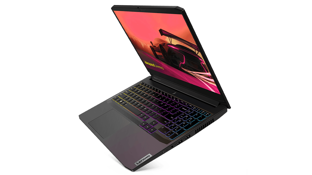 Lenovo IdeaPad Gaming 3 Gen 6 (15” AMD) laptop, top right view showing keyboard and display