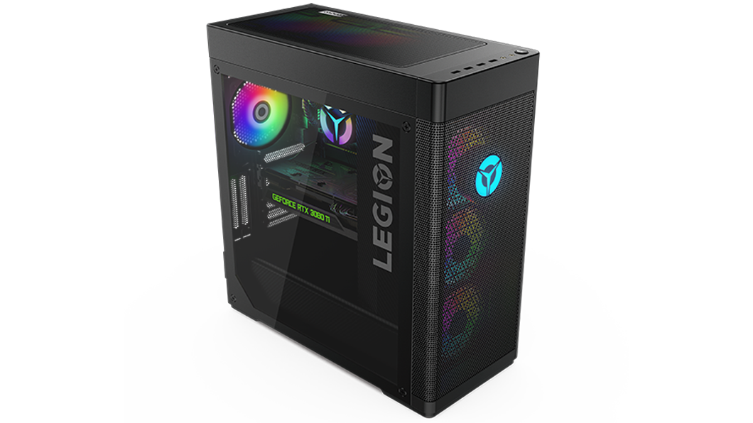 Legion Tower 7i Gen 7 side view, GeForce RTX 3080 Ti GPU, RGB lighting on
