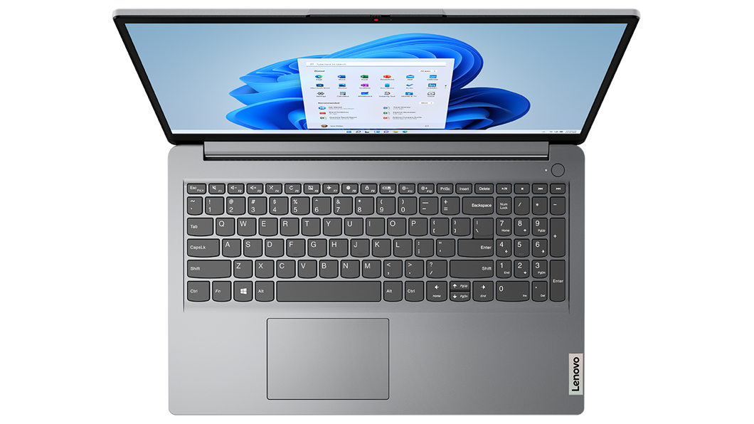  Laptop IdeaPad 1 7ma Gen (15.6”, AMD) abierta, vista superior mostrando el teclado
