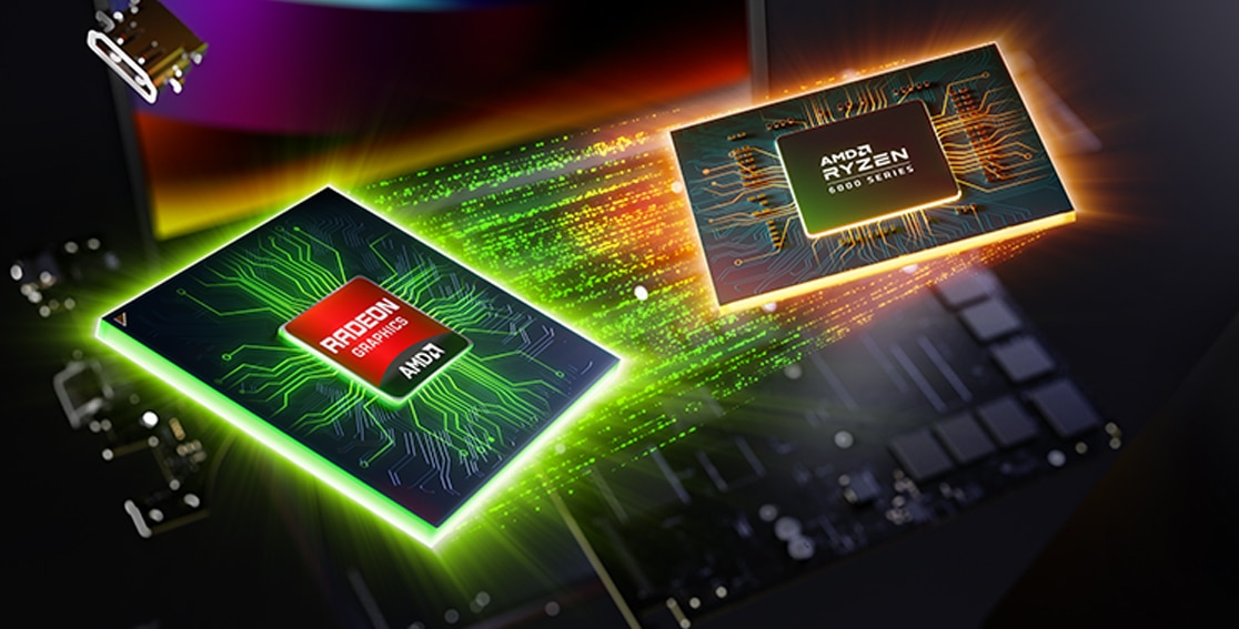 Lähikuva AMD Ryzen™ 6000 ‑suorittimesta ja AMD Radeon™ ‑näytönohjainkortista animoituna
