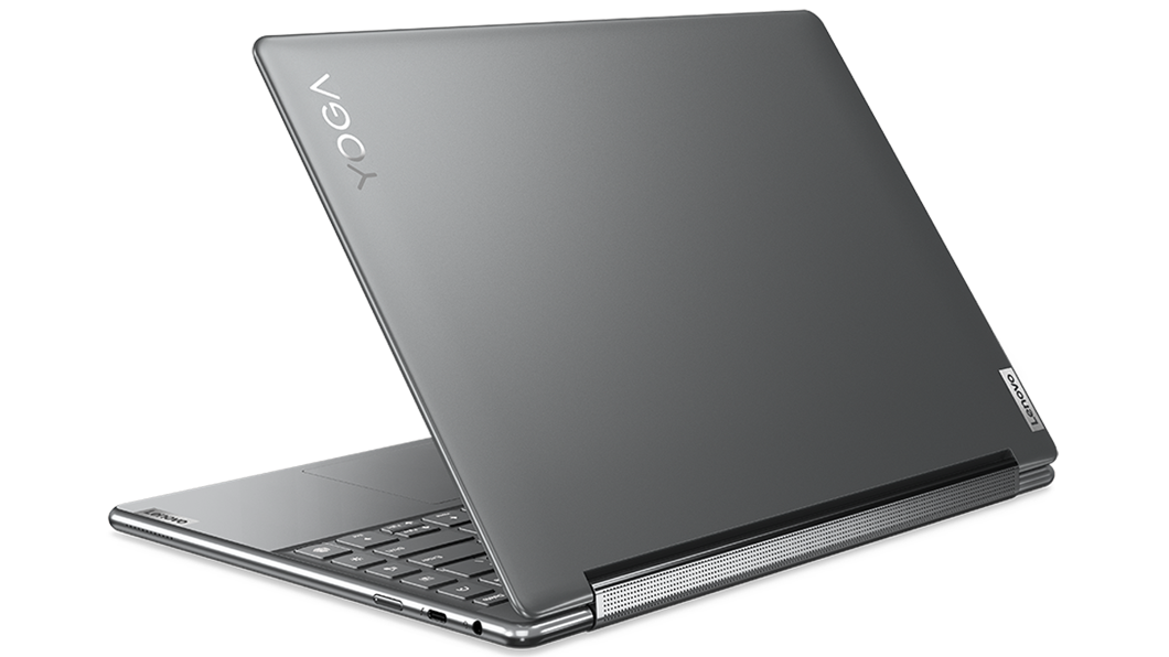 Yoga 9i Gen 7 in Storm Grey, in laptopstand, achterkant naar links gericht