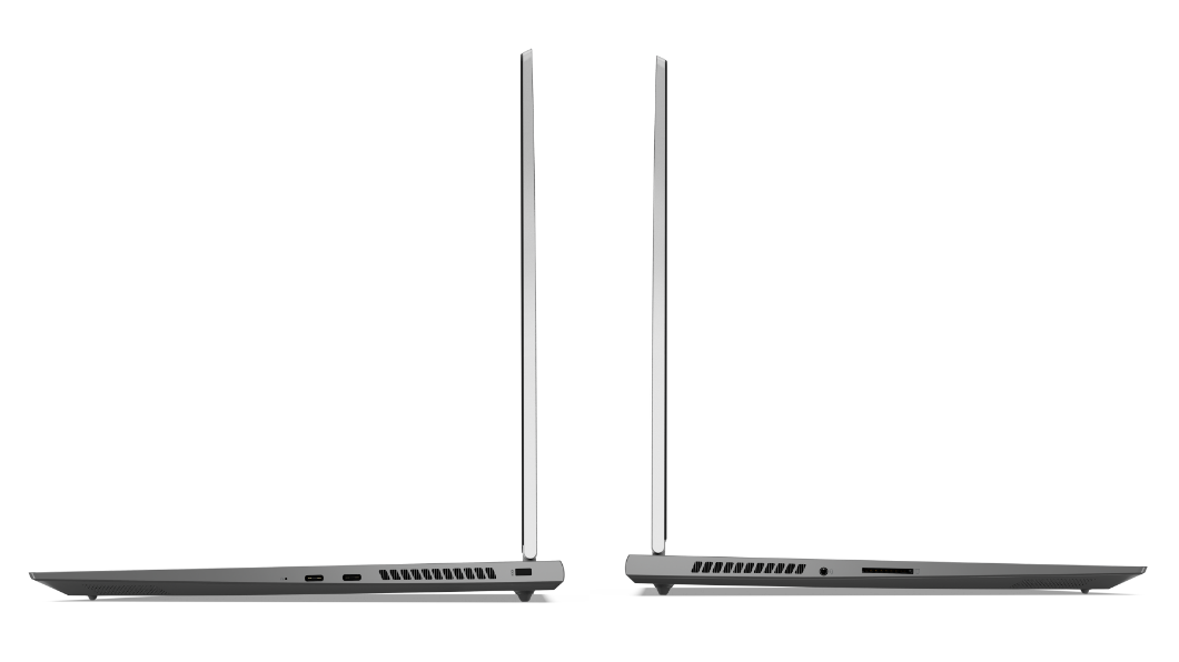 Zwei Lenovo ThinkBook 16p Gen 2 (16'' AMD) Notebooks – Rückseite an Rückseite, Ansicht von links und rechts, mit geöffneten Deckeln