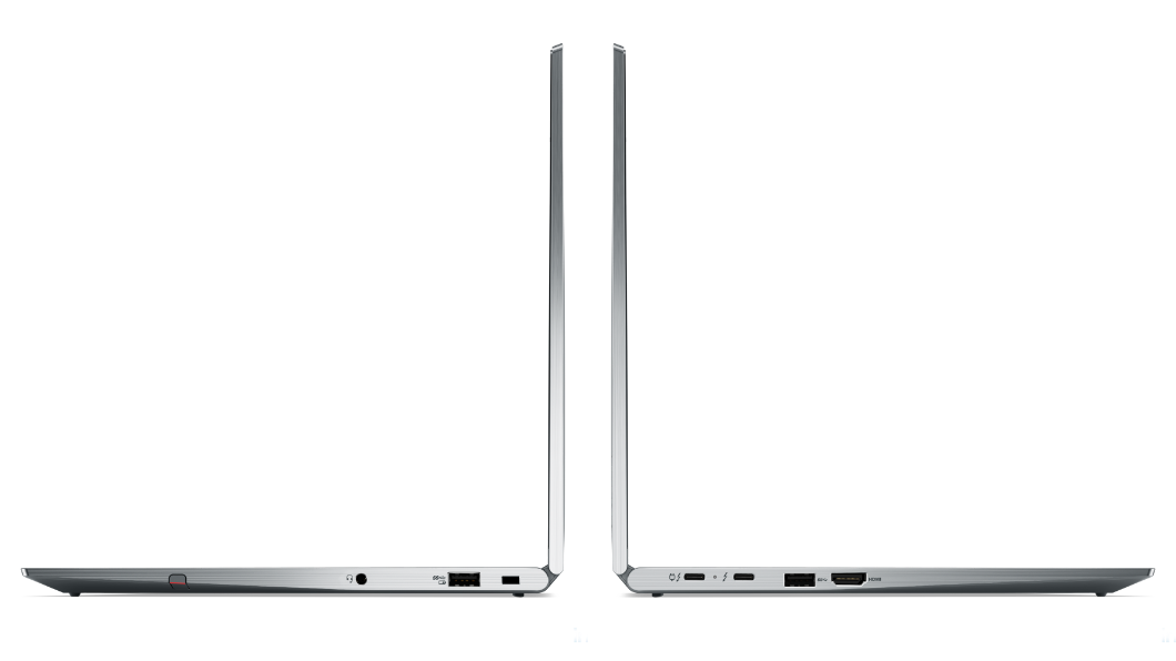Perfiles izquierdo y derecho del Lenovo ThinkPad X1 Yoga Gen 6 convertible abierto a 90 grados en direcciones opuestas.