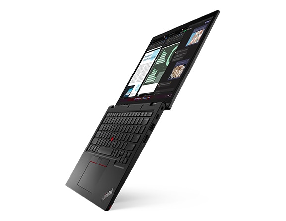 Profil gauche du Lenovo ThinkPad L13 Yoga Gen 4 ouvert à 180 degrés, montrant l’écran et le clavier