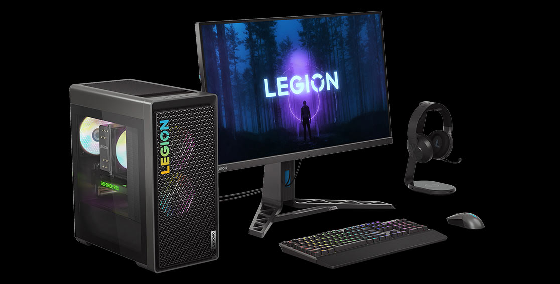 Photo illustration showing the Legion Tower 5i Gen 8 (Intel) gaming PC with optional Legion accessories such as a monitor, keyboard, mouse, and headset