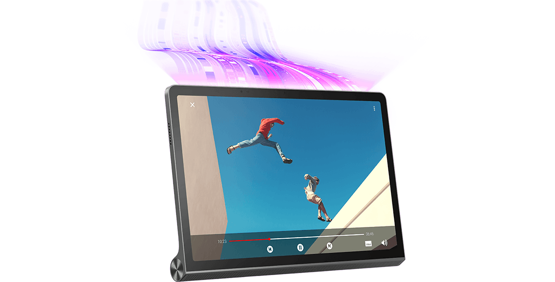 Lenovo Yoga Tab 11 tablet—front view, propped up, with video of two people leaping between rooftops on the display, with audiovisual graphics superimposed above the top of the tablet