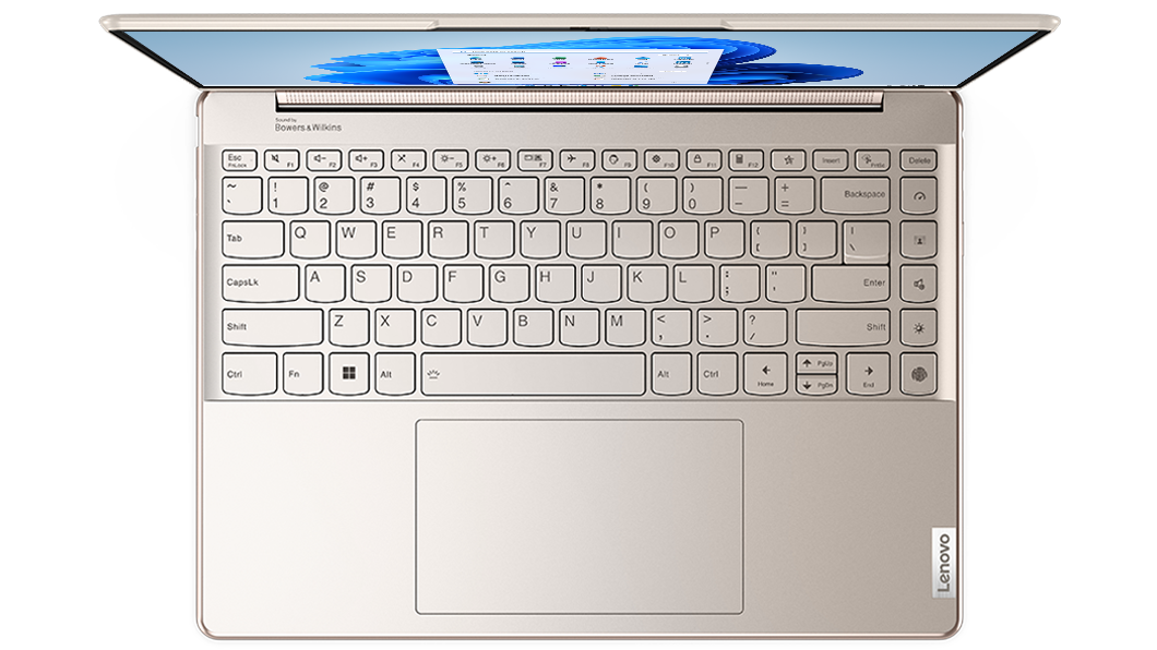 Yoga 9i Gen 7 in de kleur Oatmeal, in laptopstand, bovenaanzicht van toetsenbord