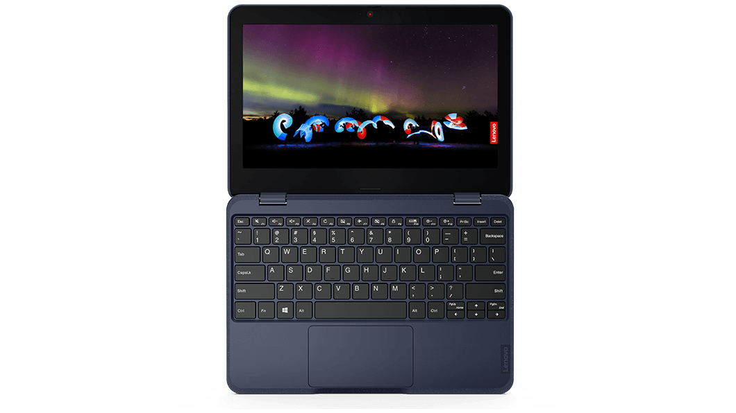 Ansicht des Lenovo 100w Gen 3 Notebooks von oben, um 180 Grad geöffnet, mit Blick auf Display und Tastatur.