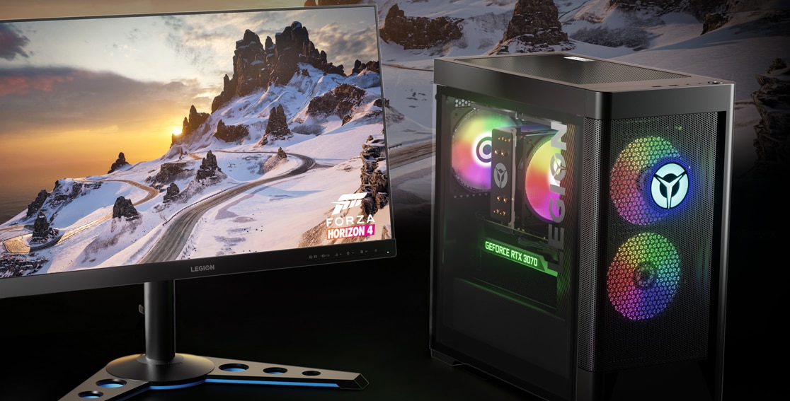 Torre Legion 5i (7.ª geração) com monitor Gaming Legion com o Forza Horizon 4 no ecrã.