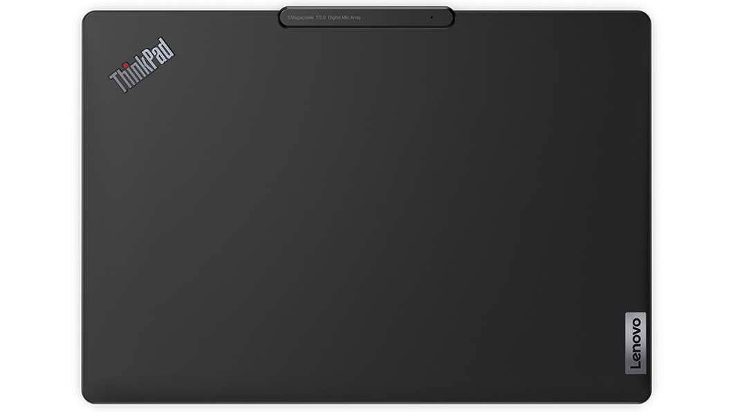 Top cover of Lenovo ThinkPad X13s laptop in Thunder Black, made of certified 90% recycled magnesium. 