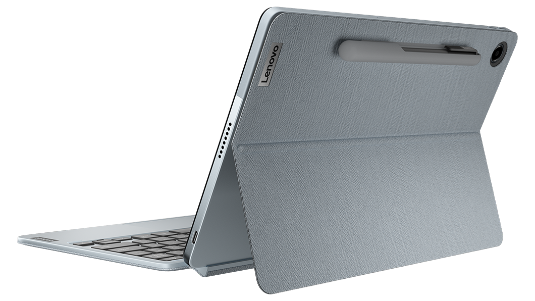 Rear side view of 11” IdeaPad Duet 3 Chromebook, showing the part of the keyboard and portfolio case stand