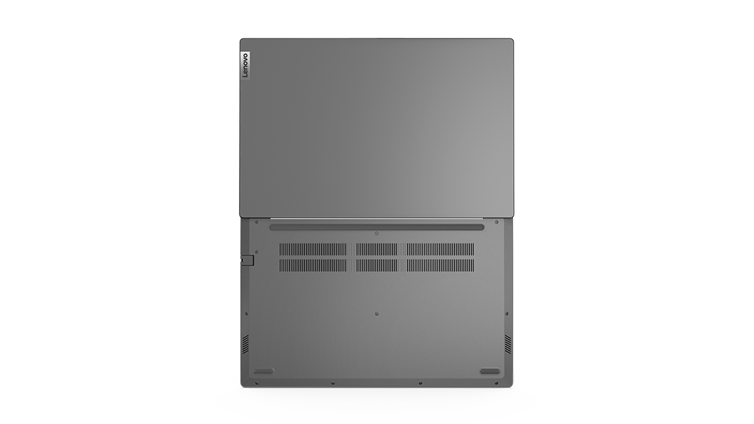 Vista posterior del portátil Lenovo V15 de 2.ª generación (15’’ AMD), visto desde abajo, con la tapa abierta en posición plana