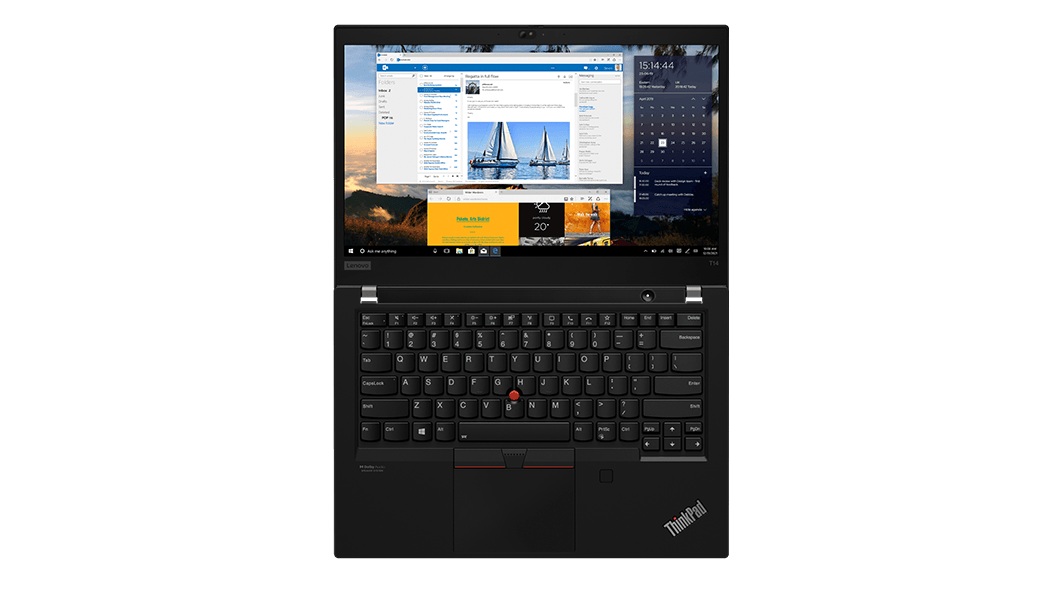 Overhead shot of Lenovo ThinkPad T14 Gen 2 (14” AMD) laptop open 180 degrees, showing keyboard and display.