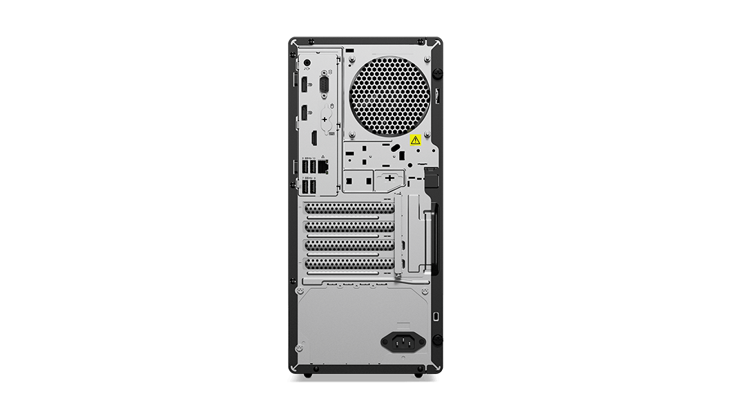Rear facing Lenovo ThinkCentre M90t Gen 2 tower positioned vertically.