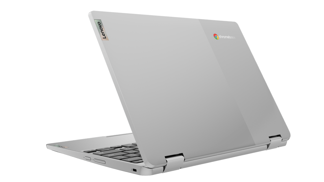 IdeaPad Flex 3 Chromebook Gen 6 (11'' MTK) laptop mode open, rear facing at left angle