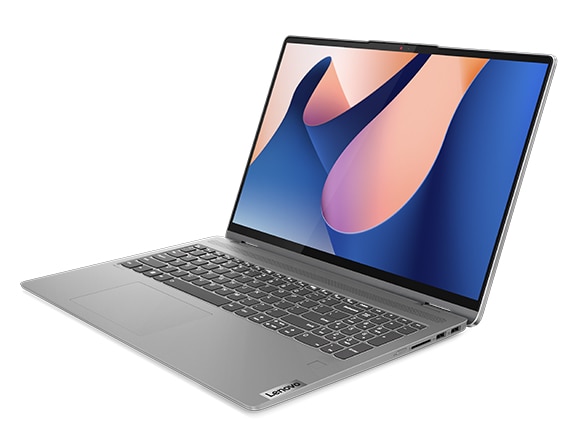 Left-facing Artic Grey IdeaPad Flex 5i in laptop mode shot with slight elevation.