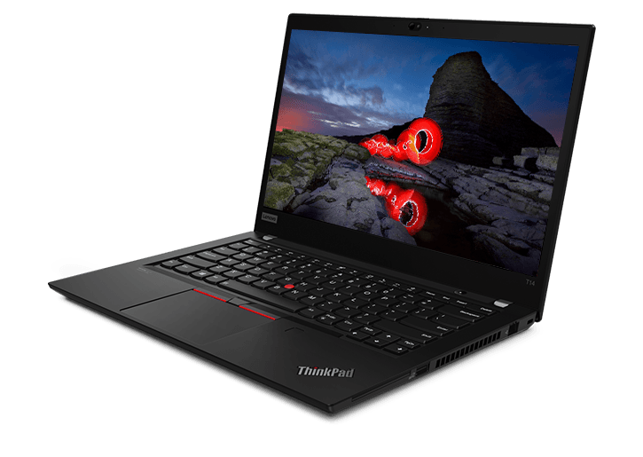 Lenovo ThinkPad T14 Gen 2 (14 » AMD) ouvert 90 degrés, incliné pour afficher les ports de droite.