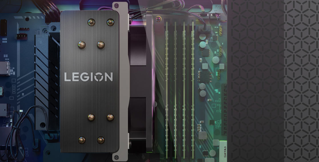 Photo illustration showing some interior components of the Legion Tower 5i Gen 8 (Intel) gaming PC, as though viewed through the optional transparent side panel.