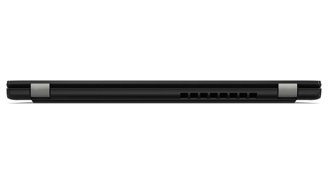 Vue arrière du Lenovo ThinkPad L13 Gen4, capot fermé, montrant les charnières et l’évent.