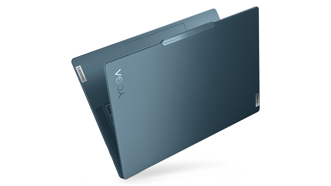 The top cover of a Tidal Teal Lenovo Yoga Pro 9i Gen 8 (14 Intel), slightly opened