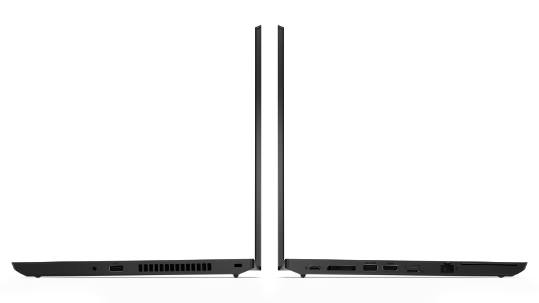 Deux ordinateurs portables Lenovo ThinkPad L14 Gen 2 (14” AMD), vues de gauche et de droite, dos à dos, avec les capots ouverts