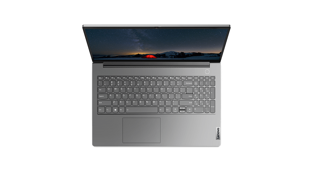 Bovenaanzicht van de Lenovo ThinkBook 15, 2e generatie met toetsenbord en een deel van het beeldscherm