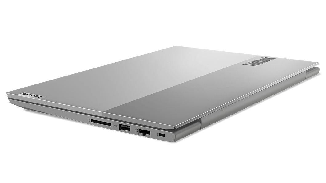 Lenovo ThinkBook 14 Gen 5 (14ʺ AMD) laptop closed cover, angled to show left-side ports.