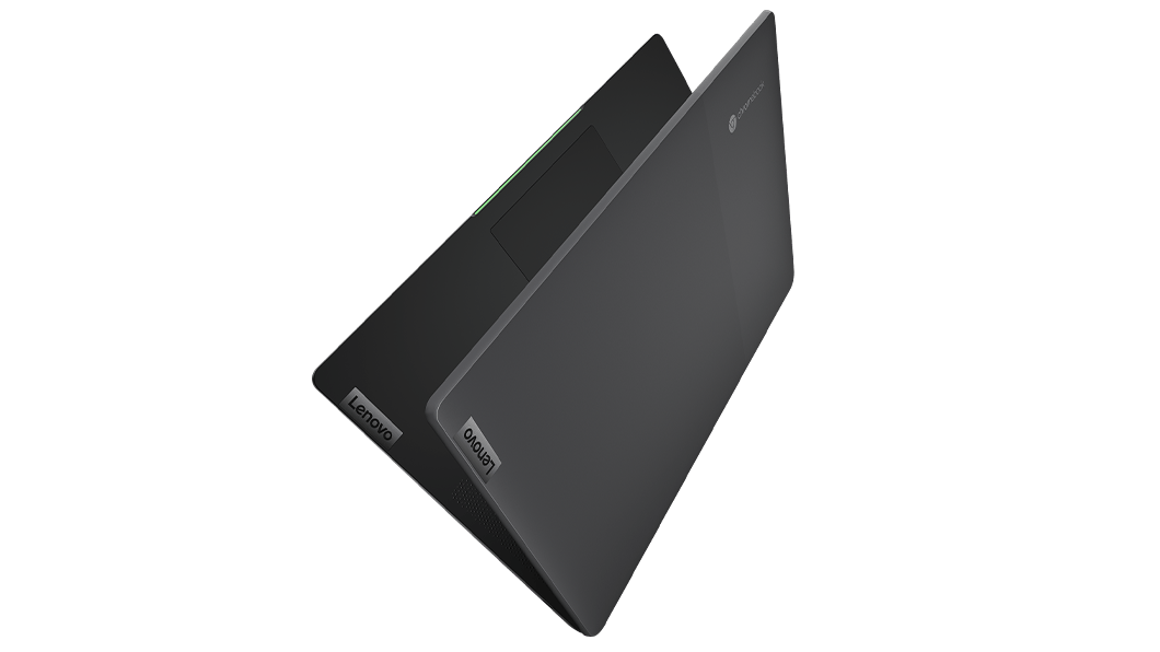 IdeaPad 5i Chromebook Gen 6 (14” Intel) set i vinkelvisning fra oven, delvis lukket med visning af topdæksel og lidt af touchpad
