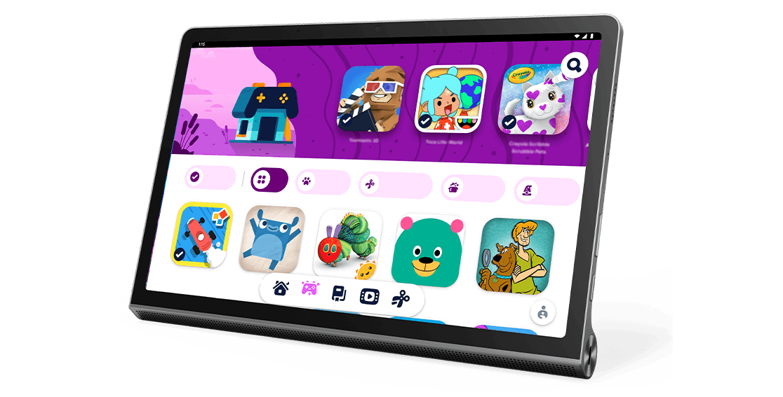 טאבלט Lenovo Yoga Tab 11 - מבט קדמי, מונח, עם מסך הבית של Google Kids Space על התצוגה