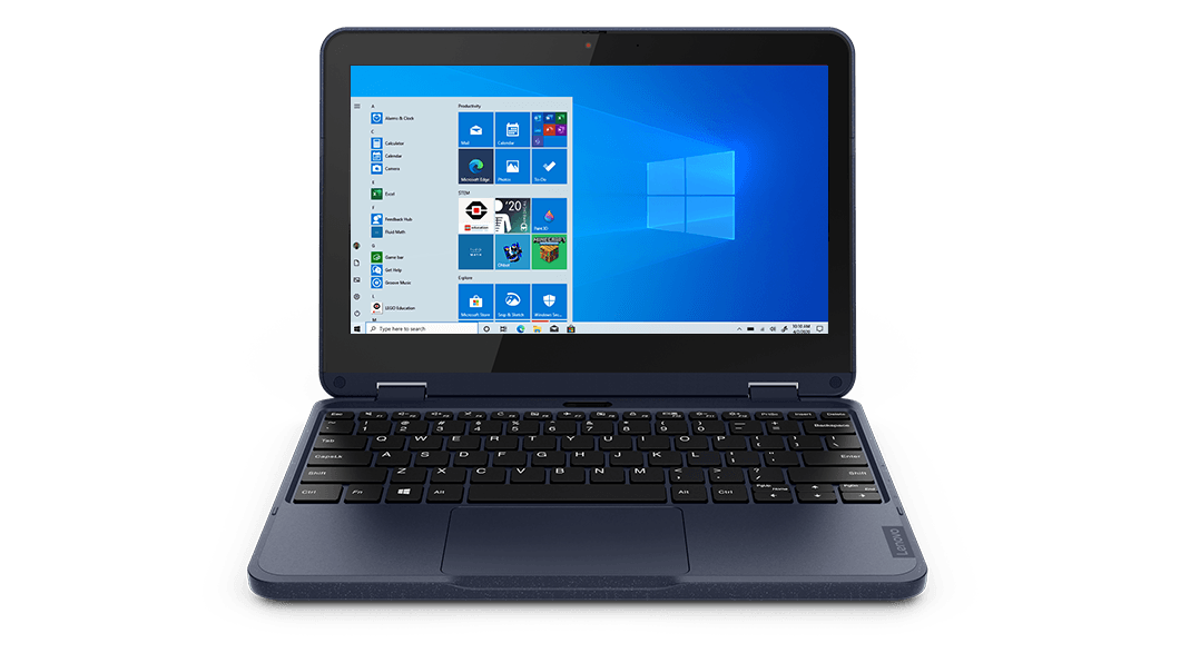 11,6” Lenovo 300w Gen 3 2-in-1-laptop, recht van voren, 90 graden geopend, met toetsenbord als scherm.