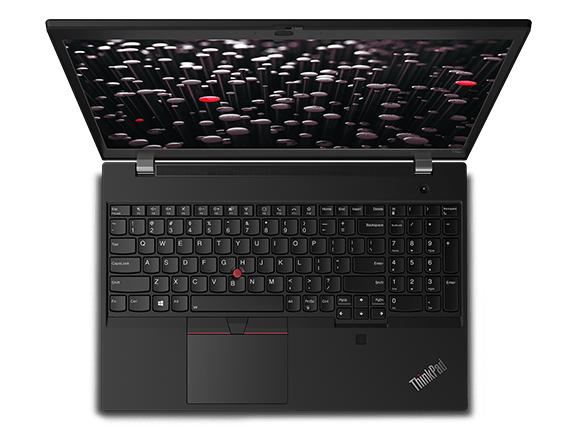 Mobil workstation for Lenovo ThinkPad T15p Gen 2 sett ovenfra med fokus på tastatur i full størrelse med numerisk tastatur.