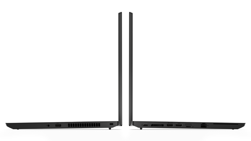 Zwei Lenovo ThinkPad L15 Gen 2 (Intel) Notebooks Rücken an Rücken, um 90 Grad geöffnet, Profilansichten links und rechts.