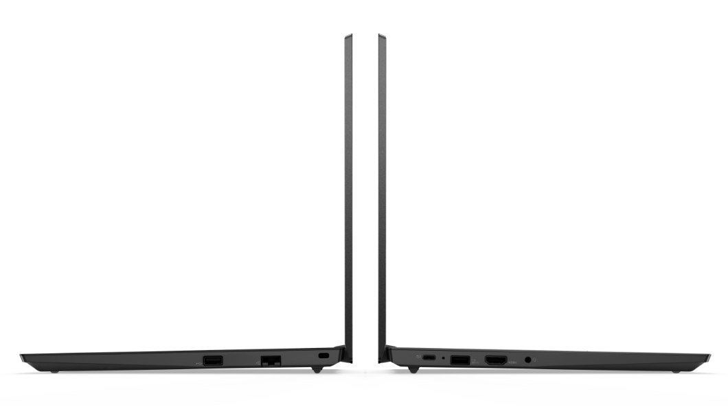 Linker- en rechterzijaanzicht van twee zwarte Lenovo ThinkPad E15 Gen 2-laptops met de achterkanten naar elkaar