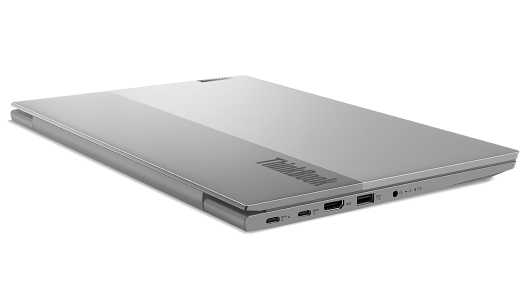 Lenovo ThinkBook 14 Gen 5 (14ʺ AMD) laptop closed cover, angled to show right-side ports.