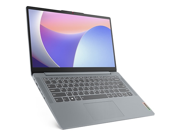 Vista del notebook Lenovo IdeaPad Slim 3i di ottava generazione aperto a più di 90°, con lieve angolazione per mostrare il lato destro.
