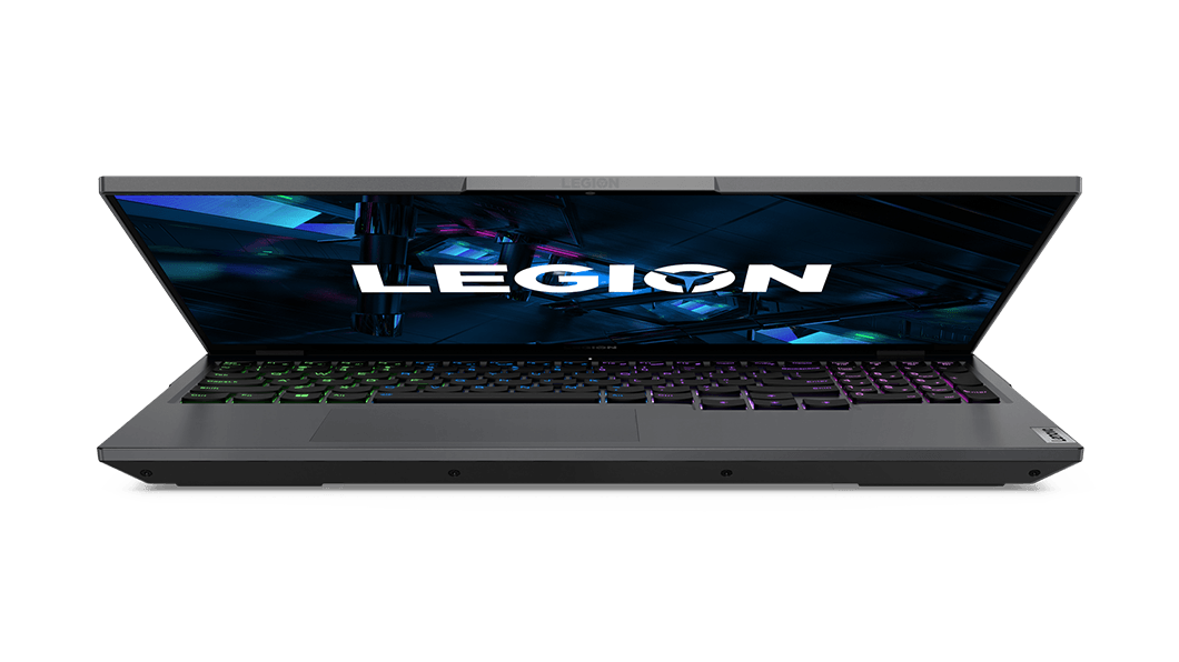 Legion 5i Pro Gen 6 (16'' Intel) vooraanzicht, half gesloten, scherm ingeschakeld met Legion-logo