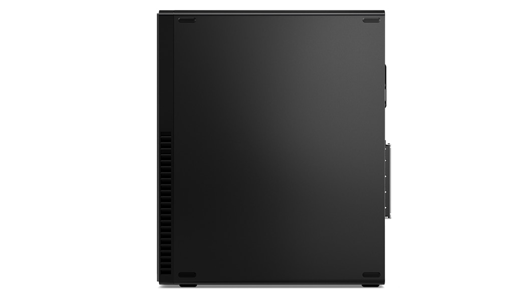 Rechter zijaanzicht van Lenovo ThinkCentre M90s Gen 3 (Intel) desktop-pc met kleine vormfactor, verticaal staand, met zijpaneel zichtbaar