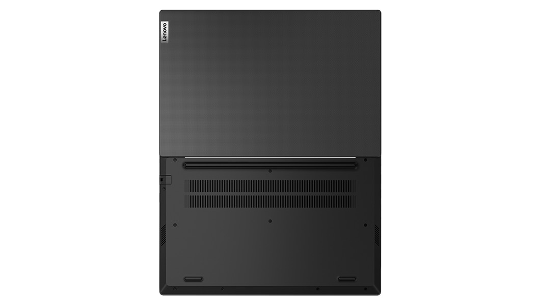 Overhead shot of the Lenovo V14 Gen 4 laptop open 180 degrees, showing top and bottom covers in Business Black. 