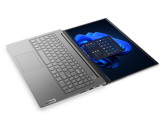 Lenovo ThinkBook 15 Gen 5 laptop open 180 degrees, showcasing keyboard and 15.6 inch display with Windows 11 Pro Start menu.