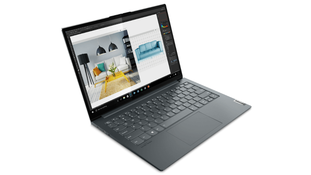 Laptop Lenovo ThinkBook 13x en color Storm Grey (gris tormenta) abierta 110° y vista desde el frente izquierdo en un ángulo alto, mostrando el teclado y la pantalla de 13.3”