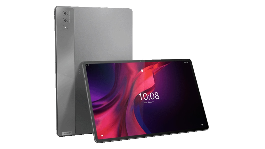 Two  Lenovo Tab Extreme tablets, back-to-back, one vertical, showing the rear cover, one horizontal, showing colorful swirls on screen