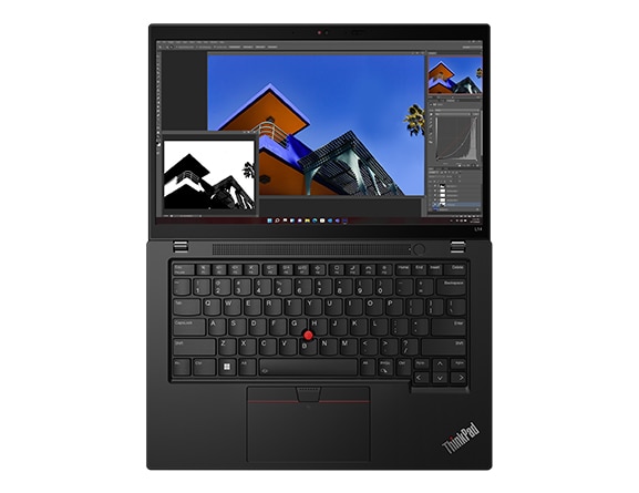 Lenovo ThinkPad L14 Gen 4 (14” Intel) laptop—front view, from above, lid open 180 degrees, with photo-editing app on the display